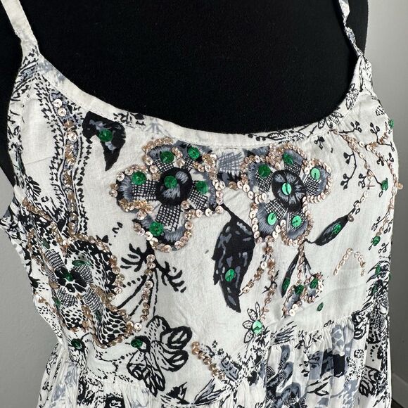 Chaudry KC Babydoll Mini Dress Size Small Sequin Pleated Bubble Hem Cottage Boho - Picture 3 of 15